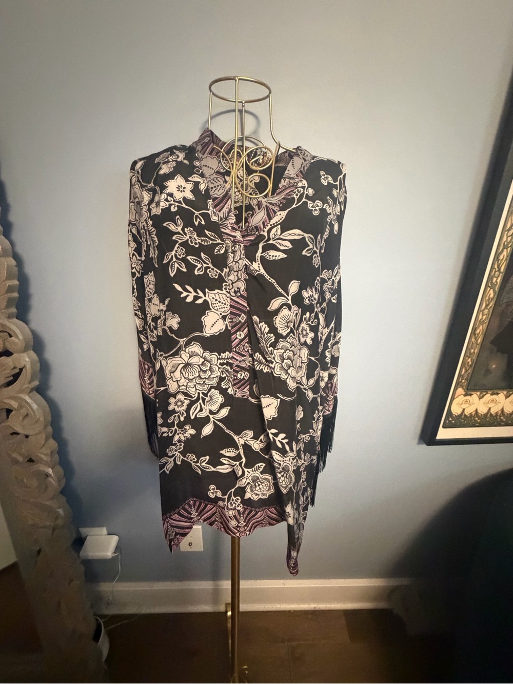 Black Floral Print Women's Dress with Pink Accents